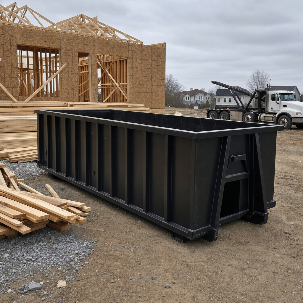 Matte-black 40-yard roll-off dumpster staged on a framed-out residential construction site in Billings, framing lumber stacked nearby, hooklift delivery truck visible in the background under bright Colorado daylight