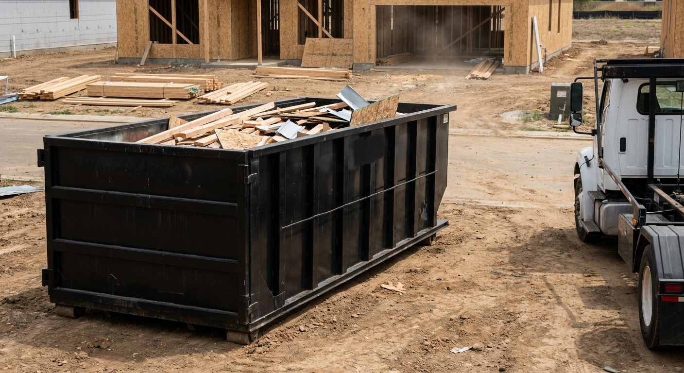 Matte-black 20-yard roll-off construction dumpster with heavy ribbed steel sidewalls and swing rear doors at a working jobsite in Billings, sitting directly on compacted dirt with an unmarked white hauler partially visible at the far edge of the frame.