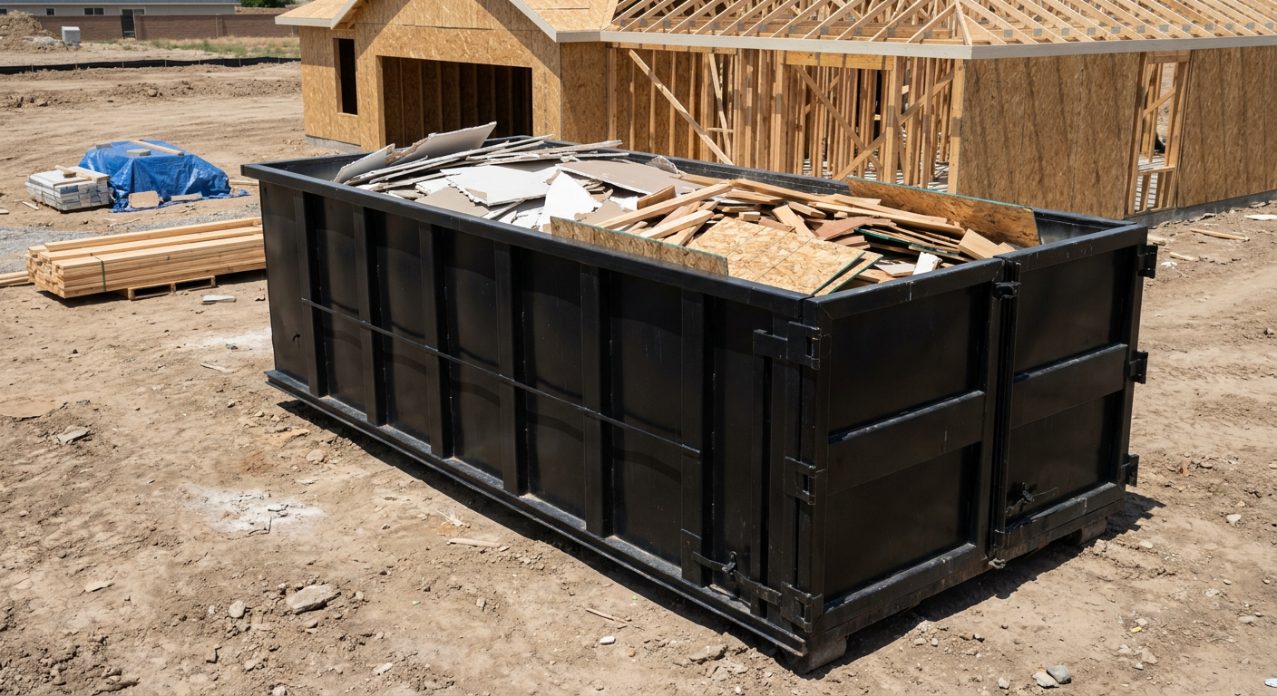 Matte-black 30-yard roll-off construction dumpster sitting directly on the compacted-dirt site of a framed single-family home build in Billings, drywall and lumber scrap loaded inside.