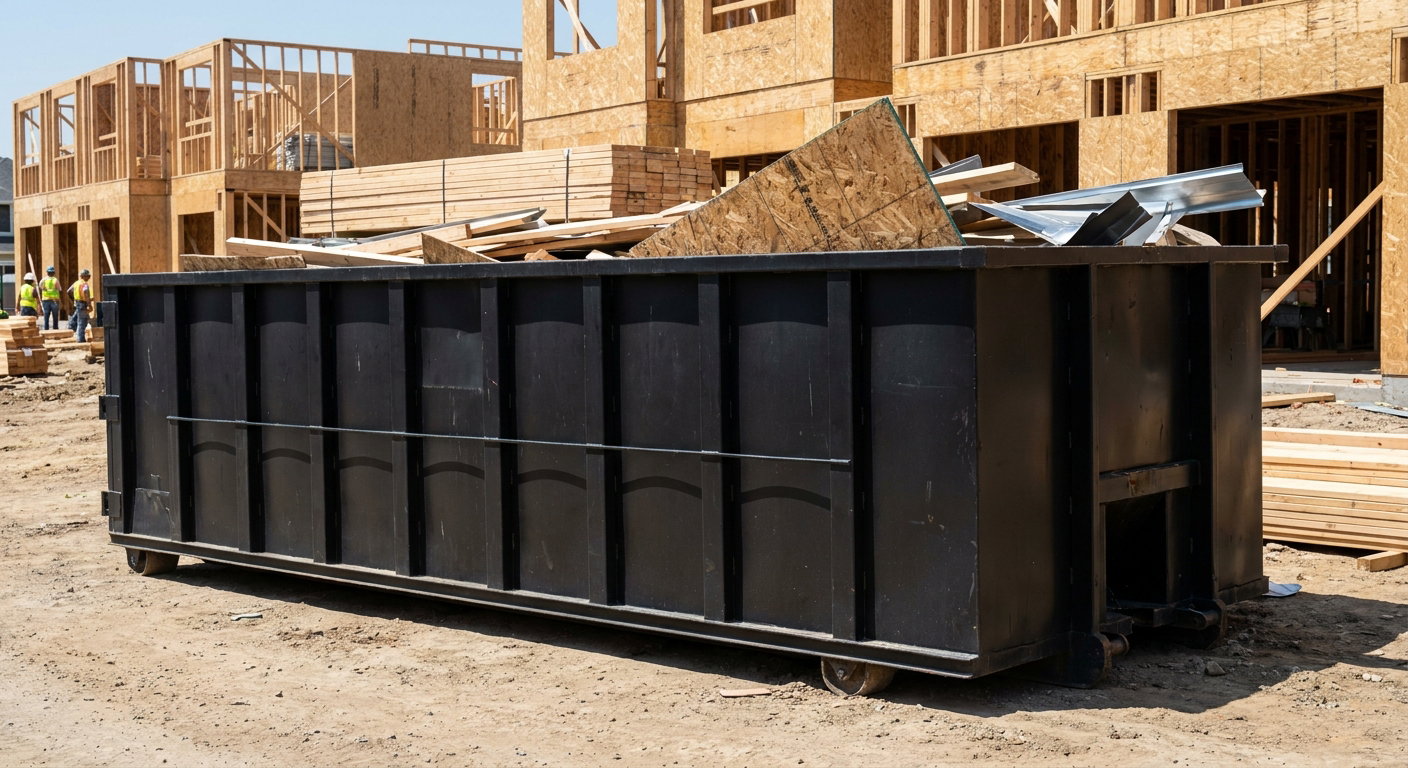 Matte-black 40-yard roll-off construction dumpster being lowered from a white-cab hooklift delivery truck onto the compacted-dirt jobsite at a commercial build site in Billings