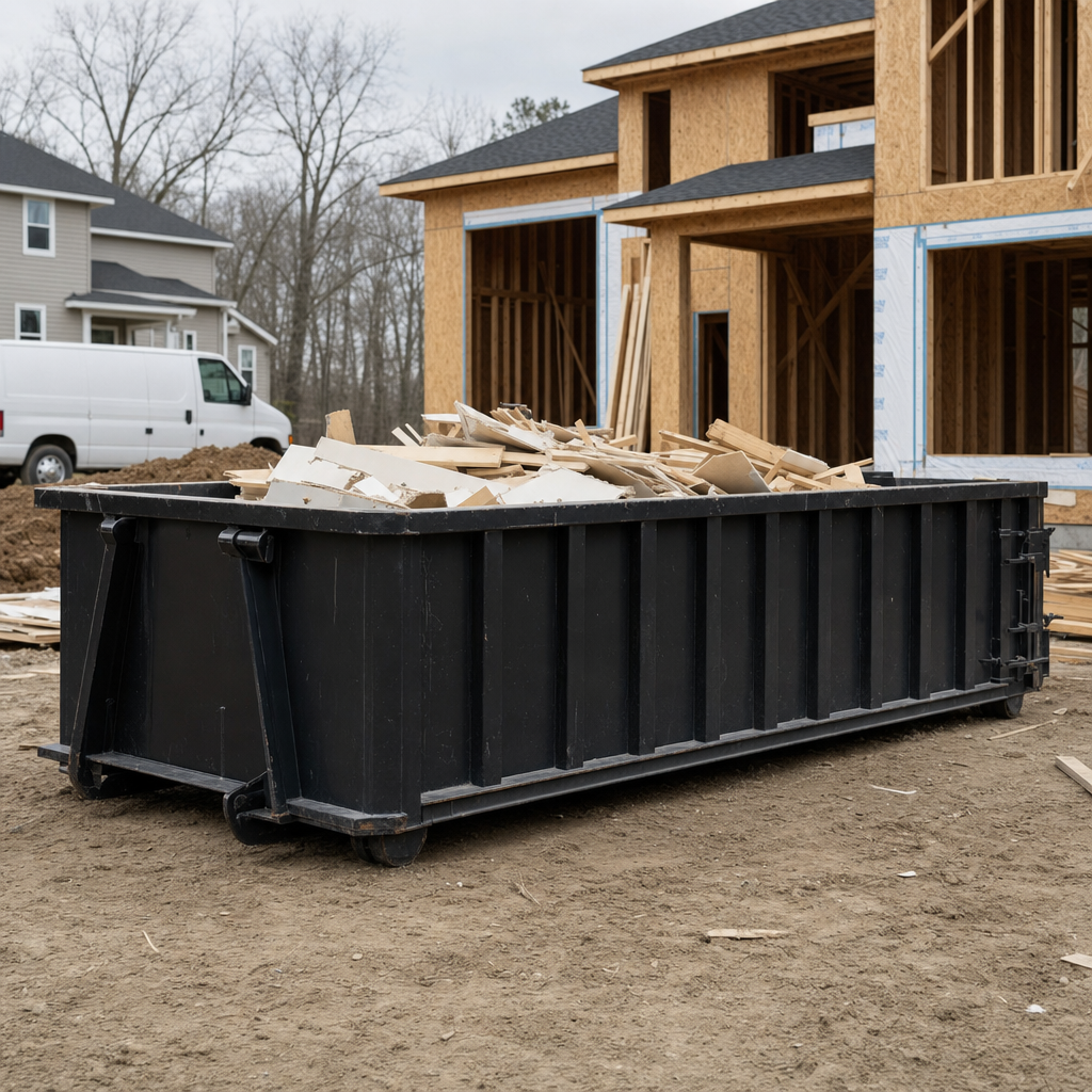 Worker in a yellow high-visibility vest tossing framing lumber and broken drywall into a matte-black 30-yard construction roll-off dumpster on an active build site in Billings, bright daylight