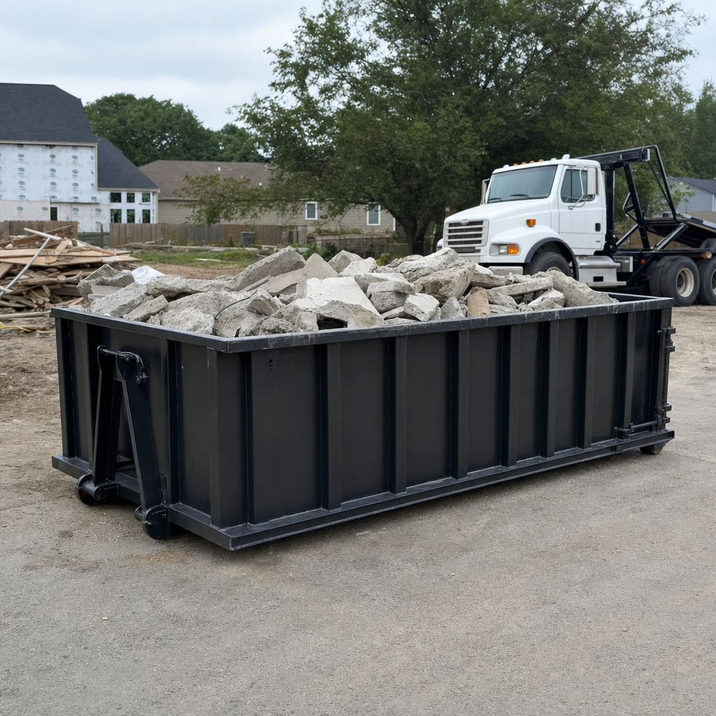 Low-profile matte-black lowboy roll-off dumpster loaded with broken concrete slab and rebar at a foundation tear-out in Billings, skid steer parked beside it, sunny Colorado morning