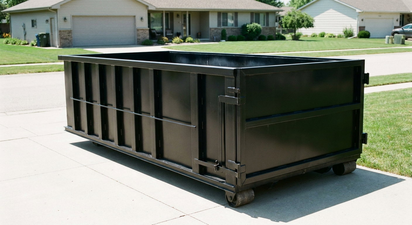 Matte-black 10-yard roll-off dumpster on a residential concrete driveway in Billings, uniformly painted matte black across every panel and rail, ribbed steel sidewalls and rear swing door visible, mid-day daylight.
