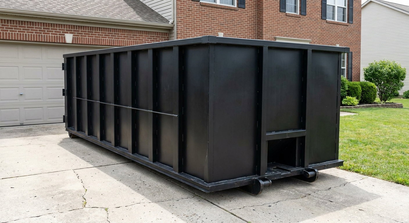 Matte-black 20-yard roll-off container on a Billings residential concrete driveway with reinforced ribbed steel sidewalls and a hinged rear walk-in door, clean bright daylight.