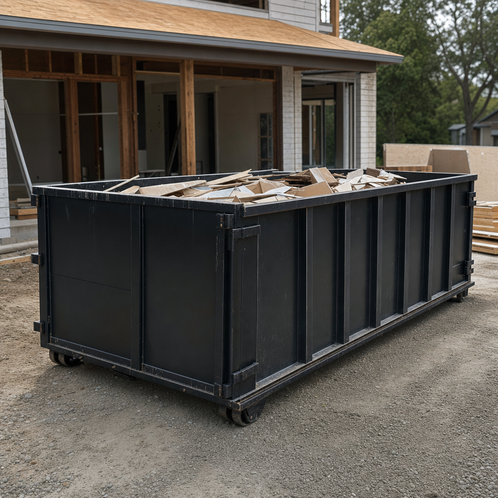 Large matte-black 30-yard construction roll-off dumpster at an active Billings jobsite, steel-gray top rails and bottom rollers visible, loaded with construction debris.