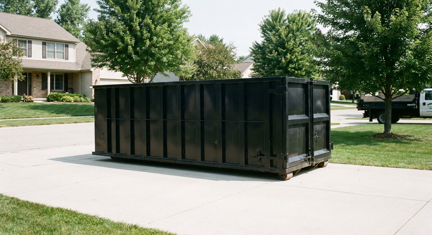 Matte-black 20-yard roll-off dumpster sitting level on a clean Billings residential concrete driveway under bright daylight, demonstrating clean placement directly on the concrete.