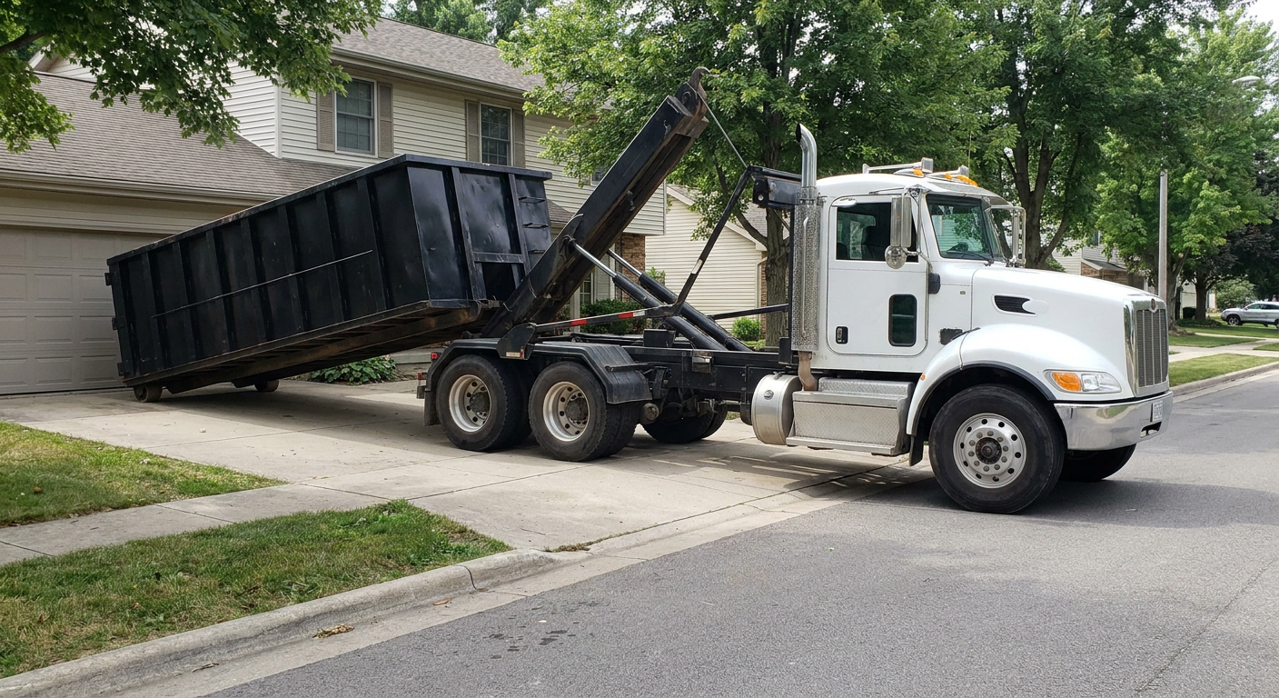 White-cab hooklift roll-off truck actively lowering a matte-black dumpster onto a Billings residential concrete driveway, the dumpster's rear wheels touching the driveway as the hoist arm tilts the bed forward, mid-morning daylight.