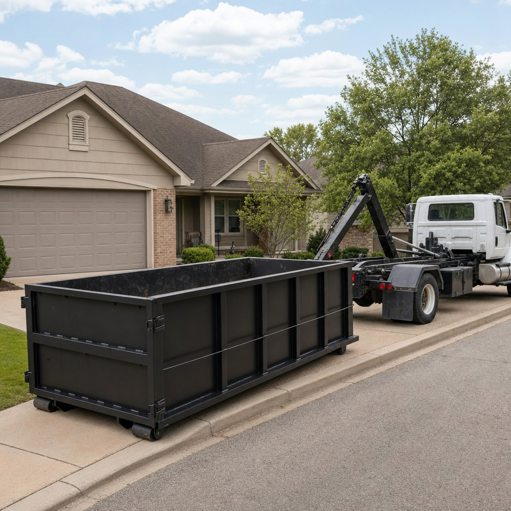 Wide documentary shot of a matte-black roll-off dumpster on a Billings residential driveway in the foreground and a contractor jobsite container in the soft-focus background, bright daylight, calm and orderly composition.