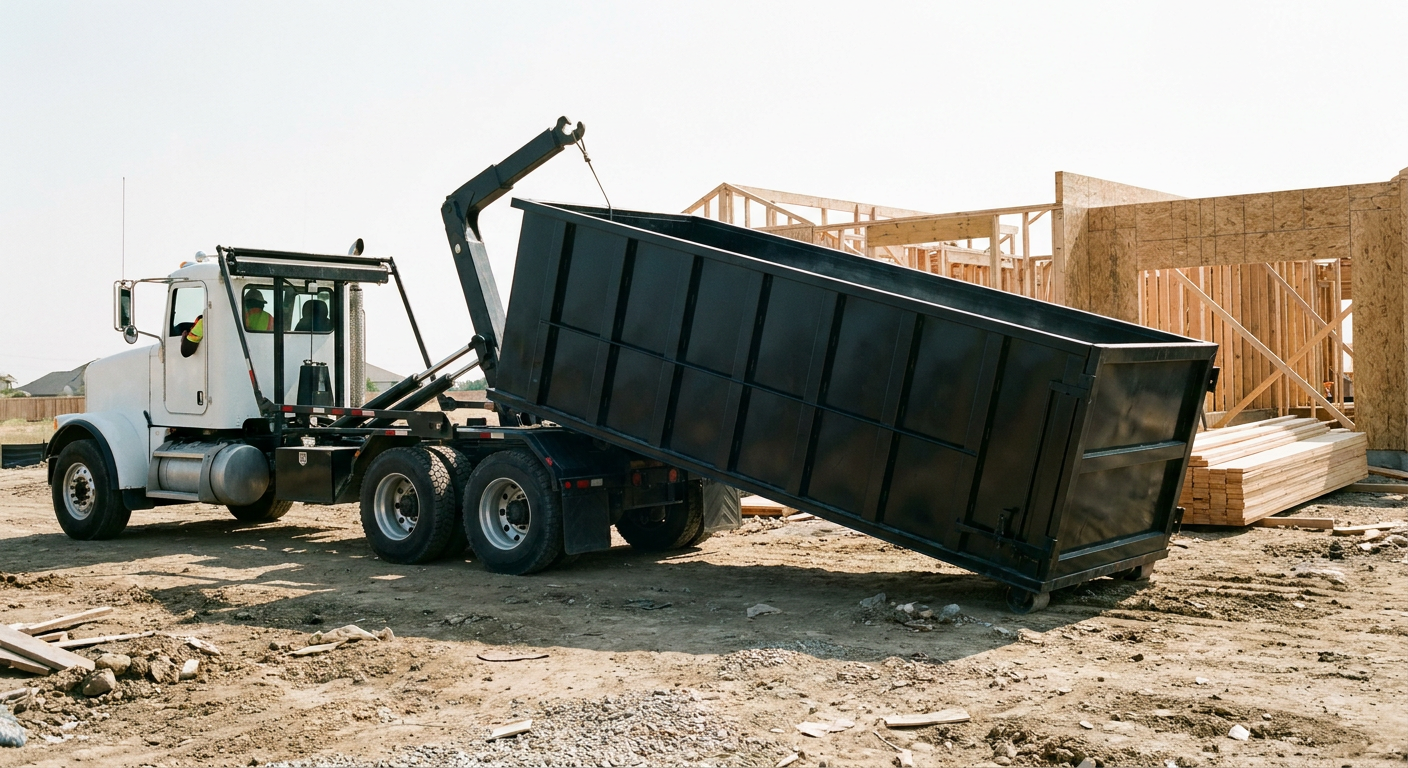 Matte-black roll-off dumpster being delivered onto a clean residential concrete driveway in Billings by an unmarked white hooklift hauler truck, bright morning daylight, documentary 35mm perspective.