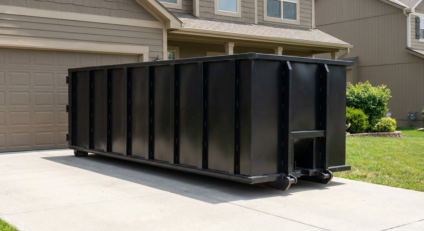 Matte-black residential roll-off dumpster sitting directly on a suburban Billings concrete driveway, garage door closed, single-family home in background, bright morning daylight.