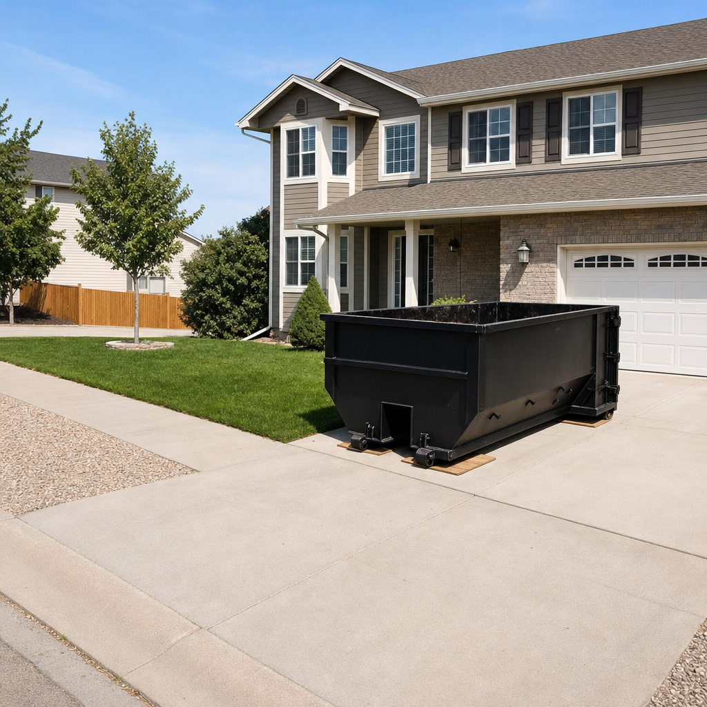 10-yard matte-black residential dumpster placed directly on a narrow Billings concrete driveway, room remains for a parked sedan beside it, mid-morning natural light