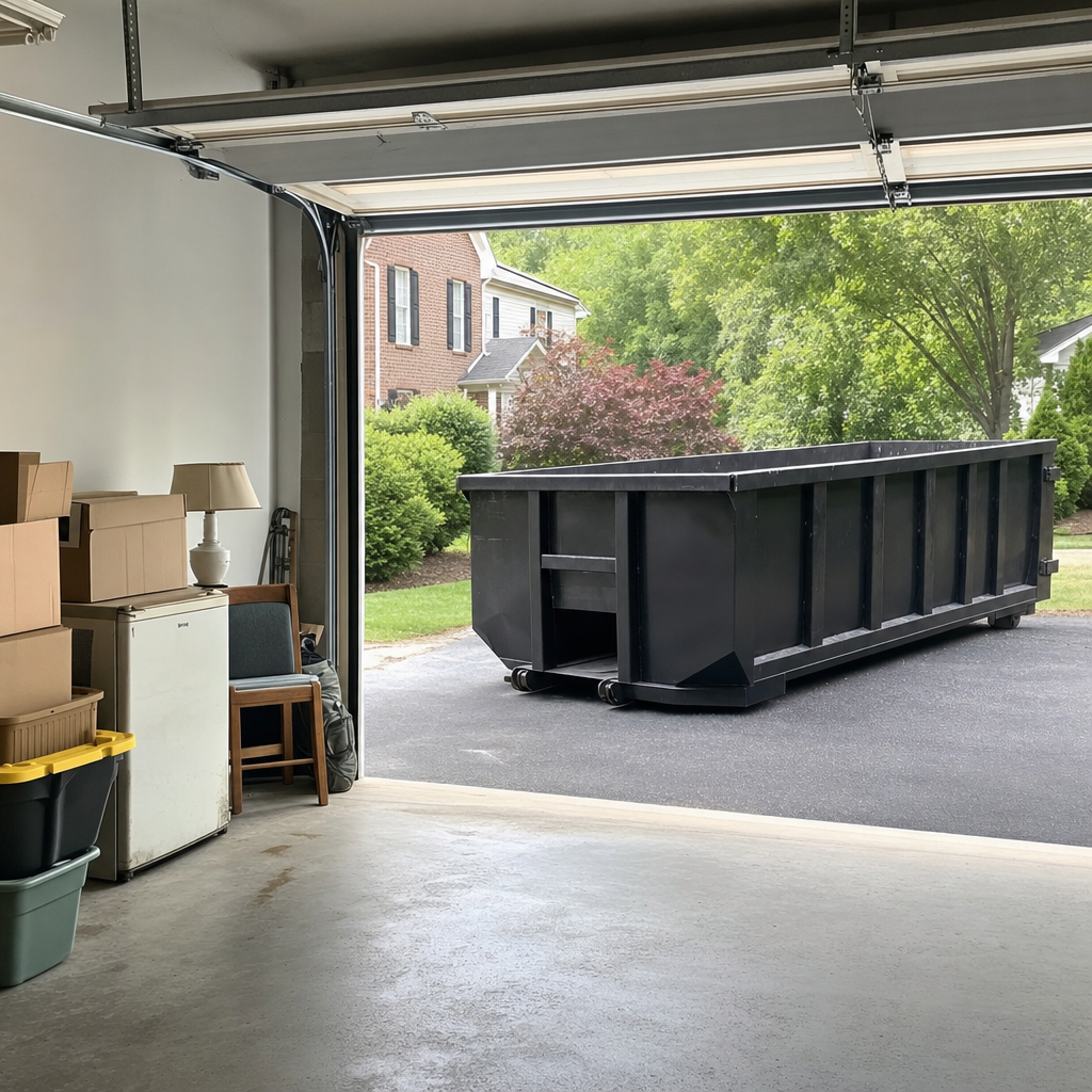 Open garage interior in a Billings home mid-cleanout — boxed items, an old appliance, and stacked yard tools queued near the driveway for a matte-black roll-off dumpster, organized and calm
