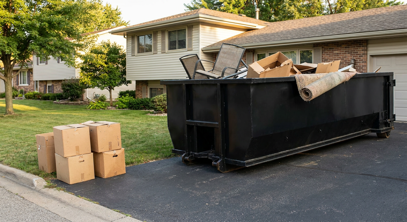 Front-yard view of a Billings split-level home with a 20-yard matte-black roll-off dumpster sitting directly on the asphalt driveway, a few clearly labeled donation boxes staged at the curb, calm sunny afternoon.