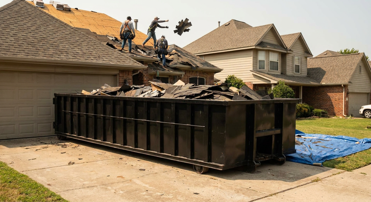 Matte-black roofing roll-off dumpster placed directly on a Billings residential concrete driveway, a tear-off crew on a two-story asphalt-shingle roof tossing shingle bundles into the low-walled container, bright daylight, documentary 35mm perspective.