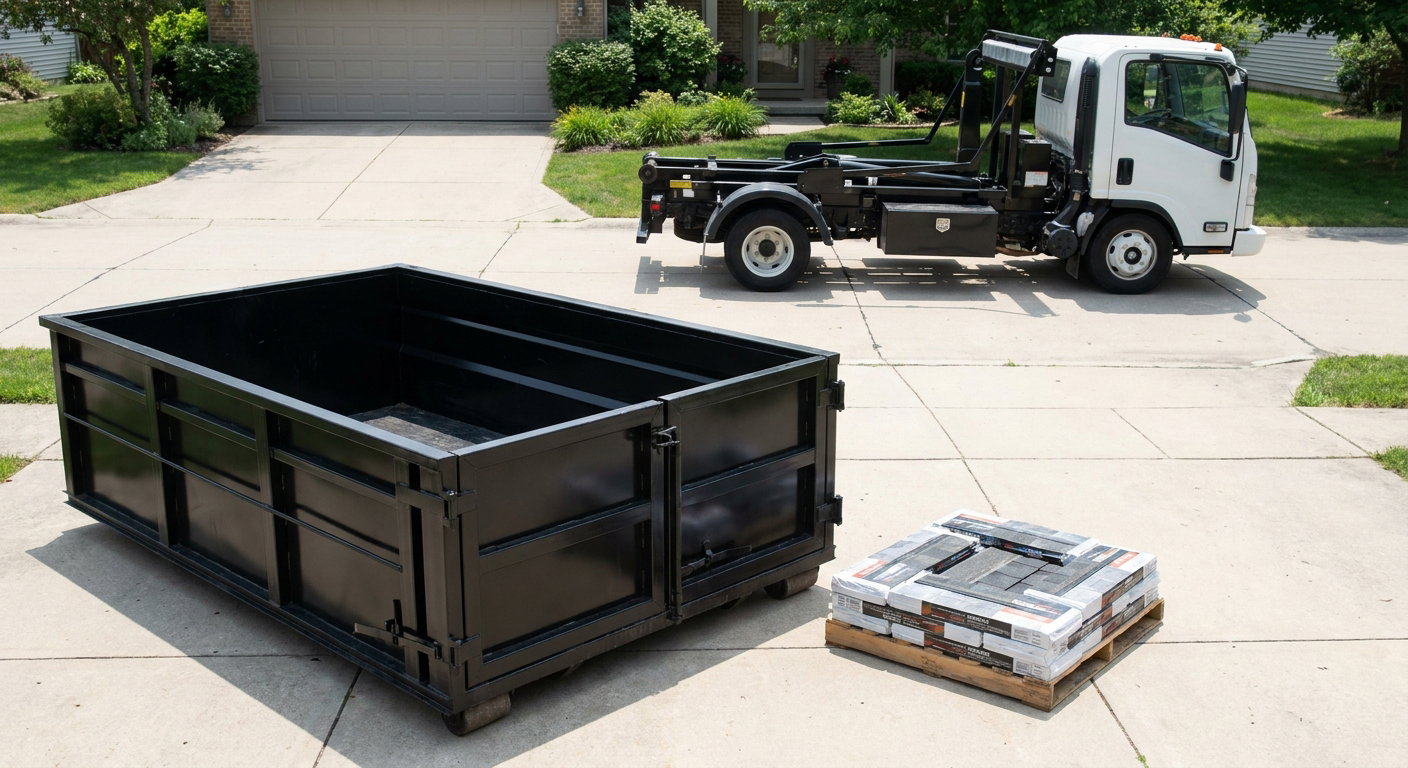 Matte-black 15-yard roofing roll-off dumpster with reinforced low side walls sitting directly on a Billings residential concrete driveway, three-tab asphalt shingle bundles stacked nearby, an unmarked white hauler truck partially visible at the edge of the frame.