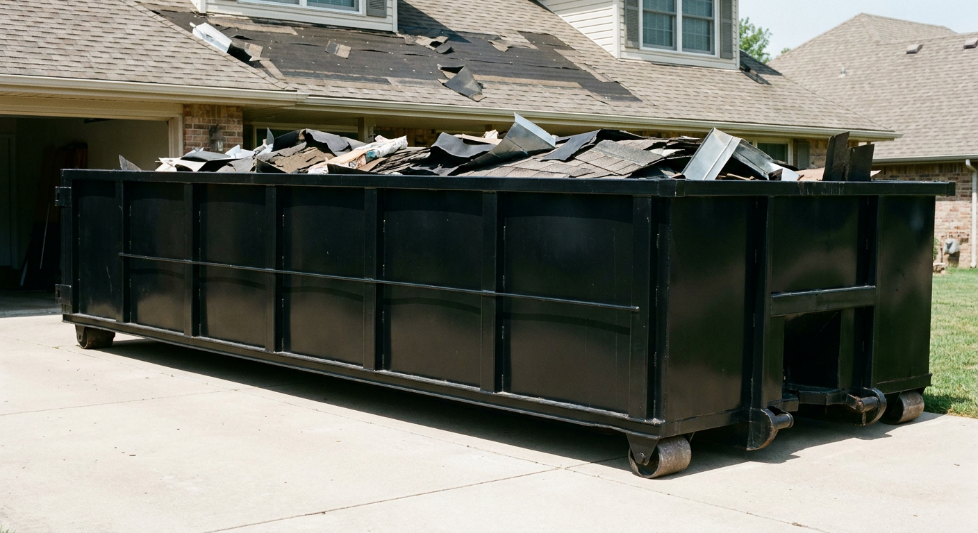 Matte-black 20-yard roofing roll-off dumpster with steel ribbed sides and swinging rear door, sitting directly on the concrete driveway of a two-story Billings home, asphalt shingle debris being loaded over the low wall, clean documentary lighting.