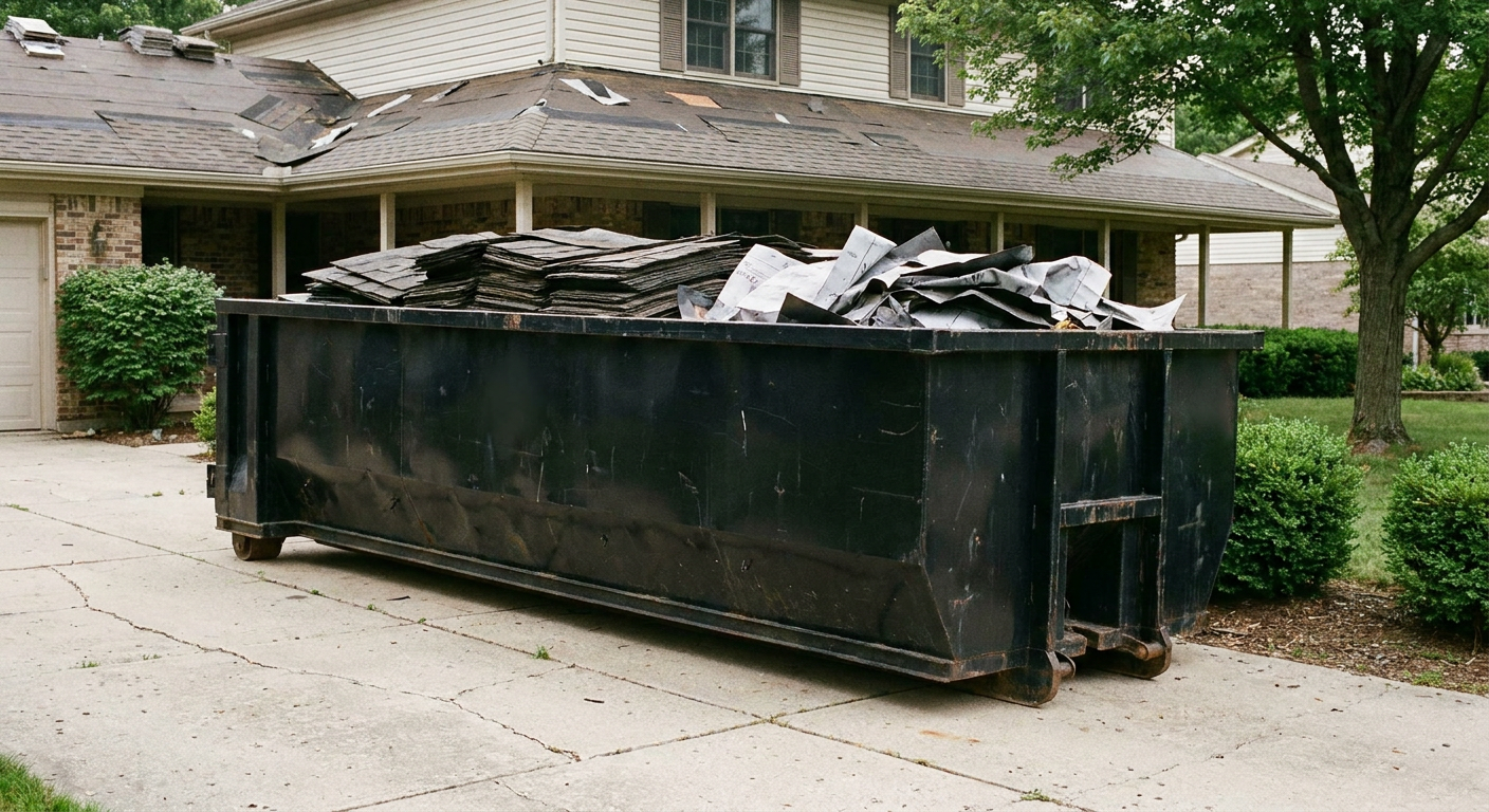 Matte-black 30-yard roofing roll-off dumpster sitting directly on a Billings concrete driveway, taller ribbed steel side panels, mixed tear-off debris of asphalt shingles and underlayment inside, professional documentary daylight.