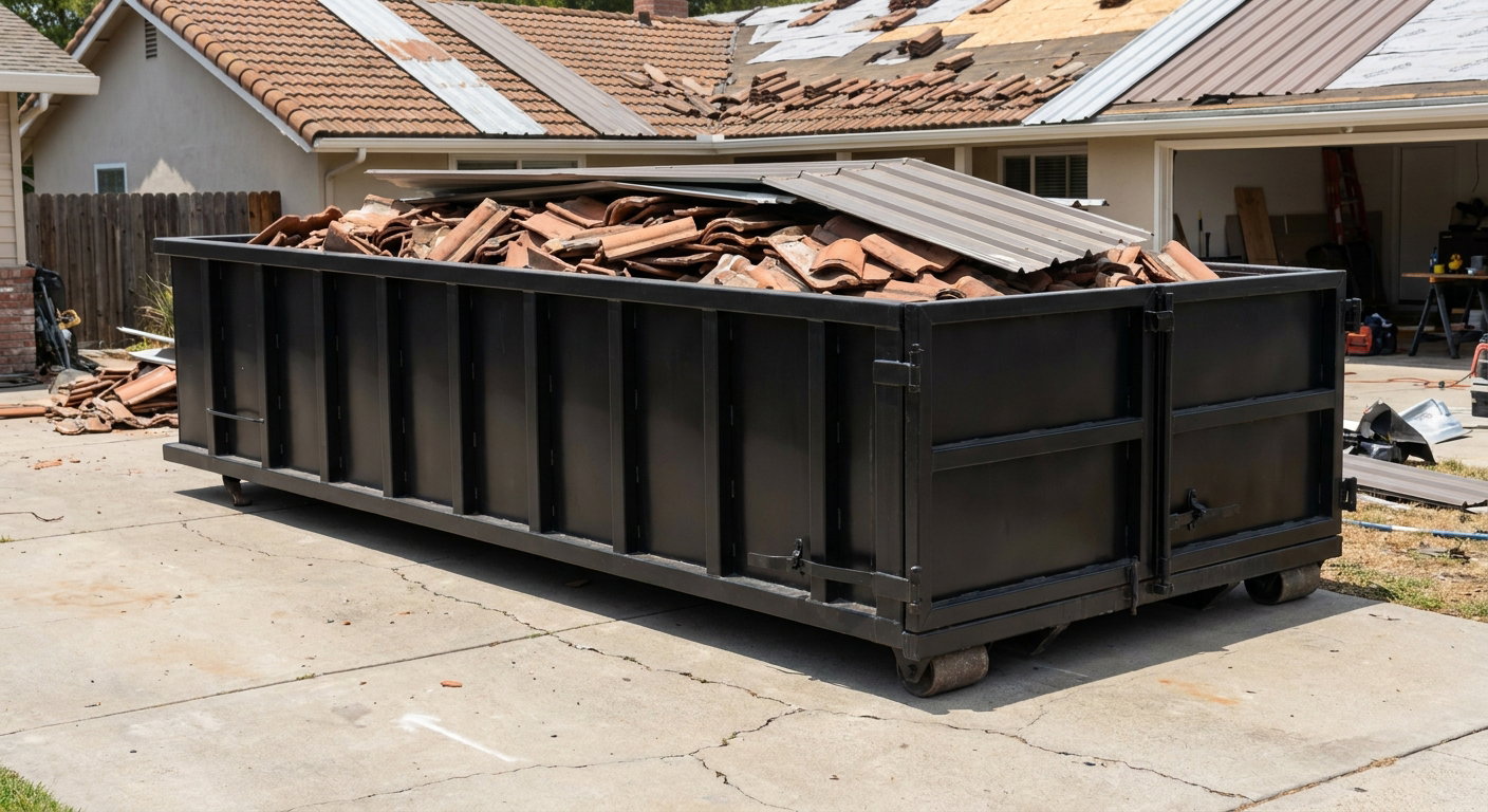 Matte-black low-wall heavy-debris roofing roll-off dumpster sitting directly on a Billings concrete driveway, broken concrete clay roof tiles and metal panel sections loaded inside, reinforced ribbed steel side walls visible, bright outdoor daylight.