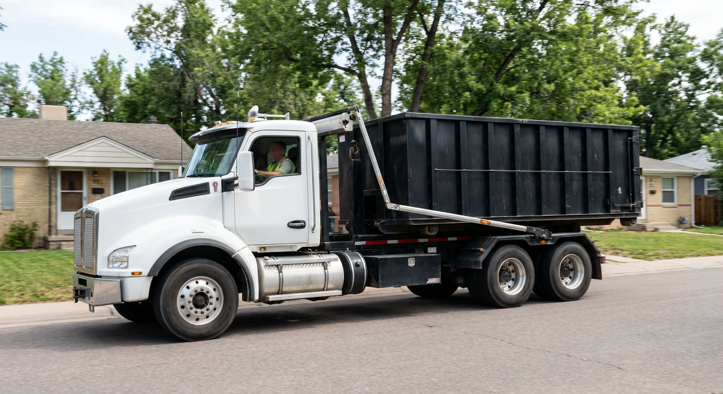 A wide documentary shot of a matte-black roll-off delivery truck pulling onto a quiet Billings residential street at mid-morning, with neighborhood rooftops and tree-lined blocks visible behind, showing the metro coverage footprint.