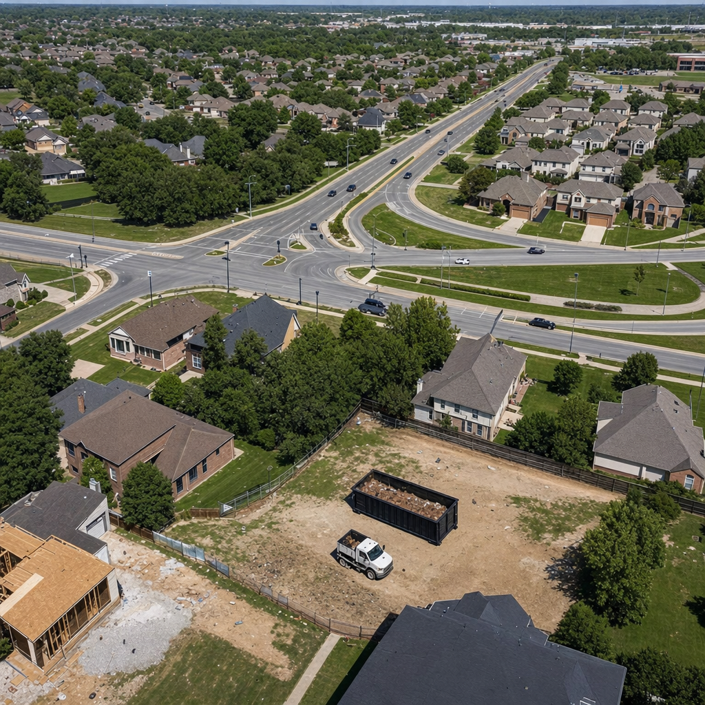 An overhead documentary view of the Billings metro area at midday, showing the spread of neighborhoods, arterial roads, and the dispatch radius from a central yard — clean daylight, organized geographic layout.