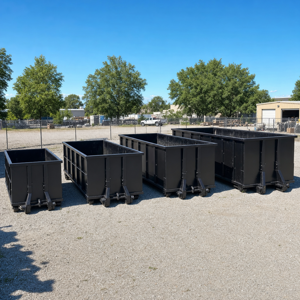 A clean lineup of matte-black roll-off dumpsters in 10, 20, 30, and 40-yard sizes staged on a sunlit gravel yard in Billings, showing the size progression from compact to commercial-scale containers.
