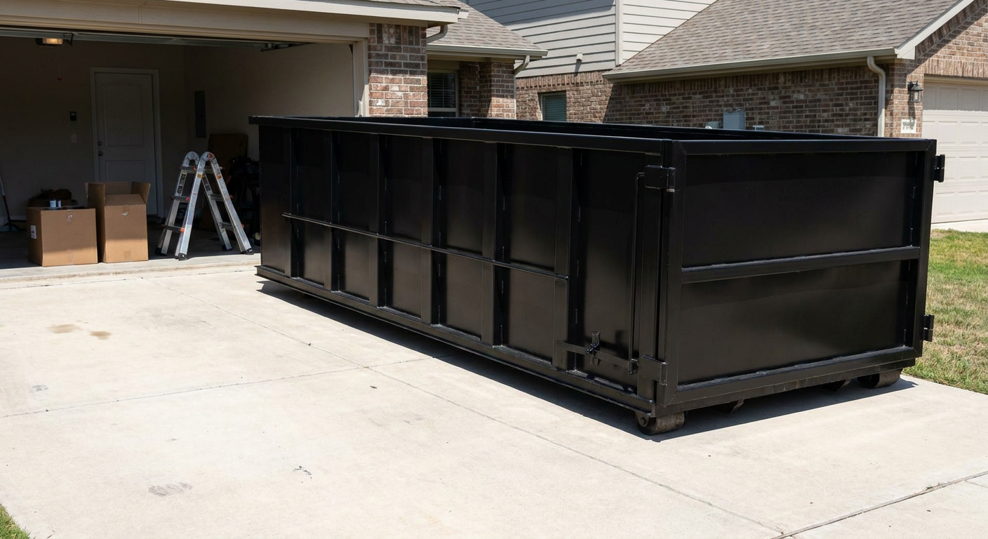 A matte-black 10-yard roll-off dumpster sitting directly on a residential Billings concrete driveway, mid-day sunlight, clean and ready for a garage cleanout.