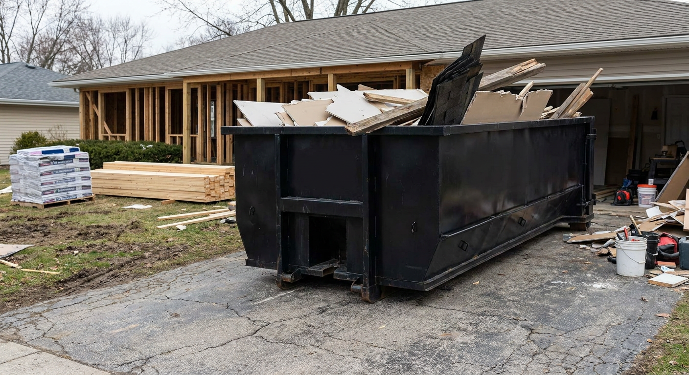 A matte-black 20-yard roll-off dumpster placed alongside a mid-renovation Billings home directly on the asphalt driveway, with framing materials and torn-off shingles staged neatly nearby.