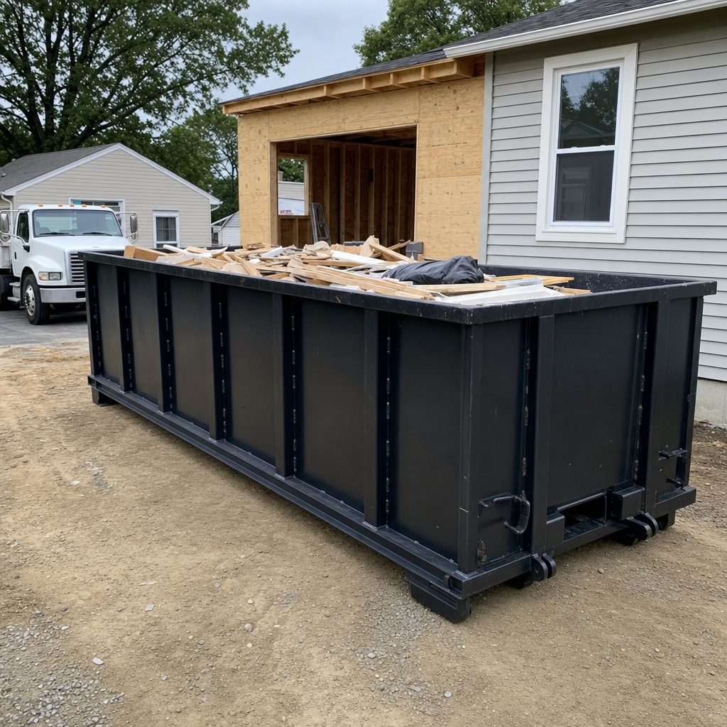 A matte-black 30-yard roll-off dumpster positioned at a Billings residential addition jobsite, with framing lumber and drywall scraps loaded through the open swinging rear doors.