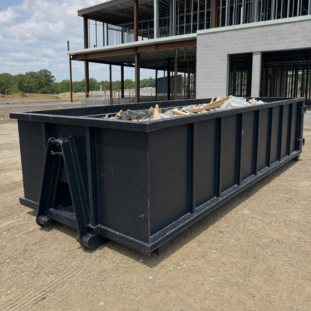 A matte-black 40-yard roll-off dumpster staged on a large Billings commercial construction lot, with a hooklift delivery truck parked alongside under bright midday sky.