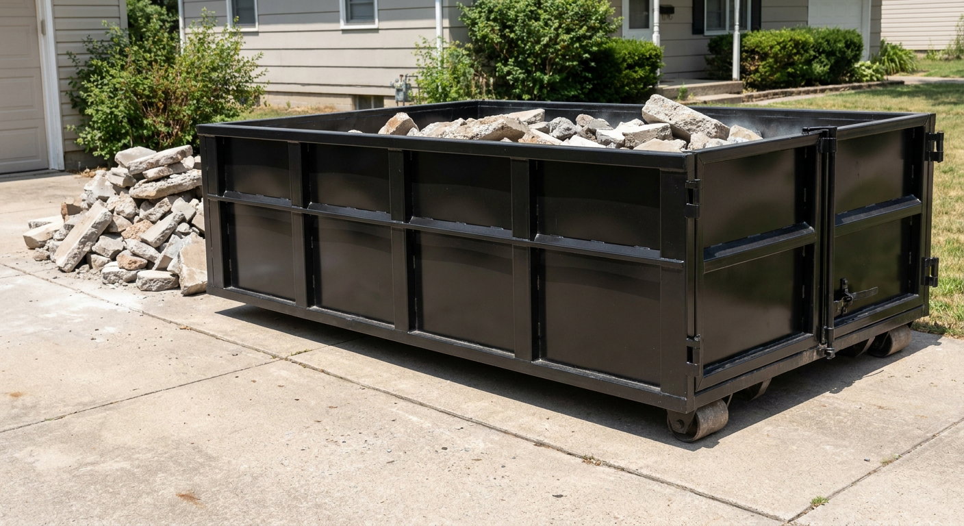 A matte-black low-side heavy-debris roll-off dumpster placed directly on a Billings concrete driveway, with broken concrete chunks neatly stacked beside it under clean daylight.